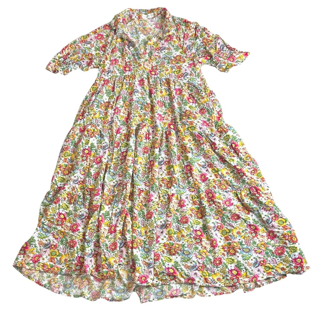 Natural Life Floral Tiered Midi Dress Small Multi Color Boho Babydoll V-Neck